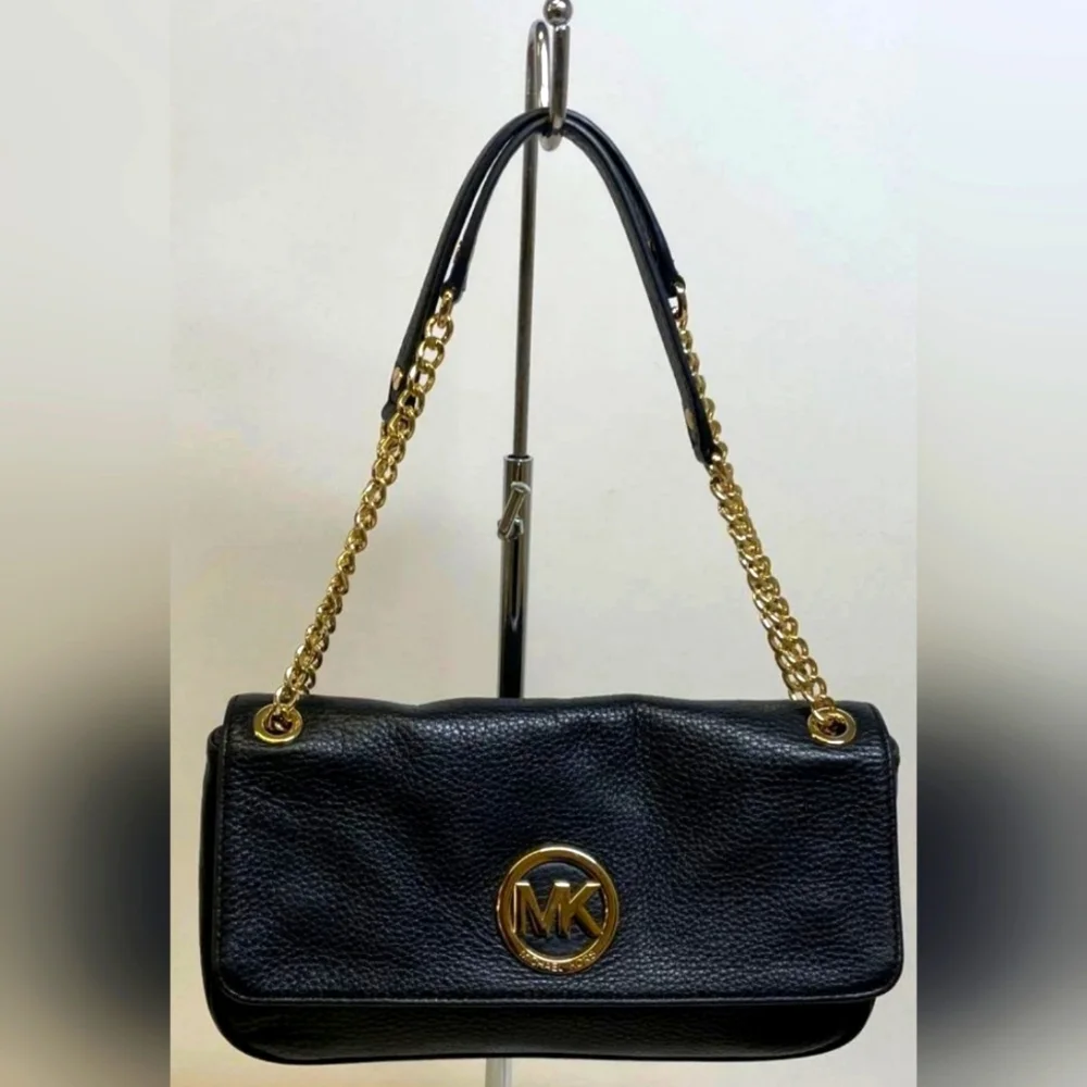 Michael Kors Mk Fulton Flap Foldover Black Shoulder Bag Purse Handbag